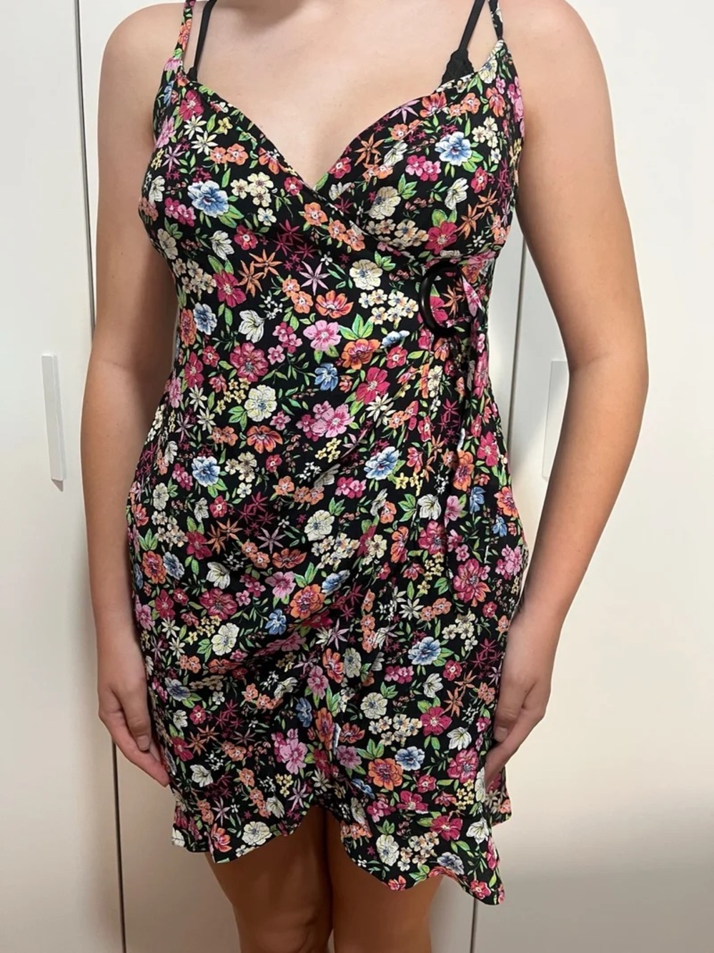 Bershka Black Floral Wrap Mini Dress with Multicolor Blooms